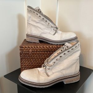 NWOT Fru.it Italian leather mid calf pull on distressed white boot